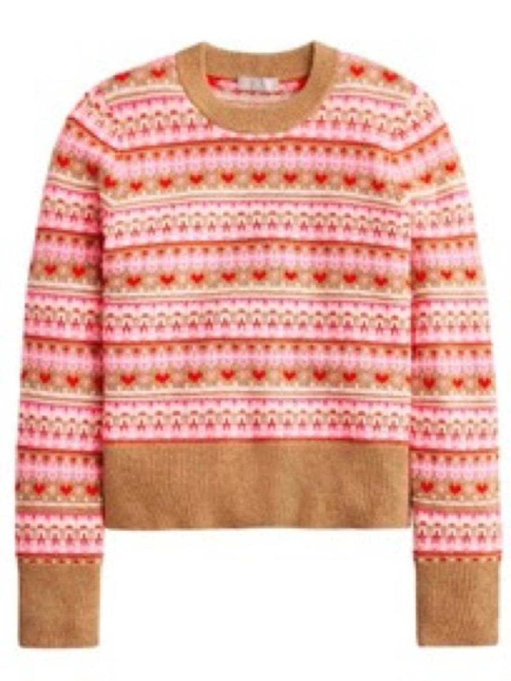 NWT J. Crew Shrunken Fair Isle Crewneck Sweater Lambswool Blend in Pink Brown M - Picture 2 of 10